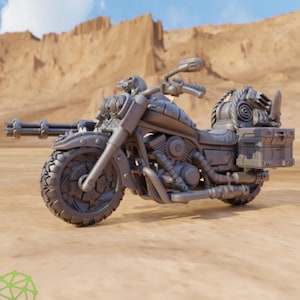 May include: A silver motorcycle with a skull-shaped headlight and a large, detailed, metal box on the back. The motorcycle is in a desert setting.