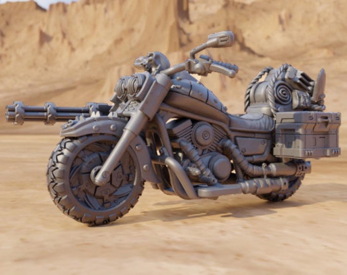 Motorcycle with mounted machine gun (gatling style) - 28 or 32mm - Atlass 3DSS - For games like Zombicide, This Is Not A Test, County Road Z