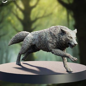 May include: A gray Direwolf C figurine in a running pose, set on a circular base. The wolf has detailed fur and is set against a blurred forest backdrop. The text "THE PRINTING GOES EVER ON" is at the top, and "DIREWOLF C" is at the bottom.
