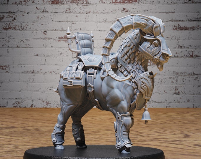 Armored Goat  - 28mm Scale - Epic Miniatures - Dwarf Mountain - Fits on a 25mm base - Also available unarmored and without saddle