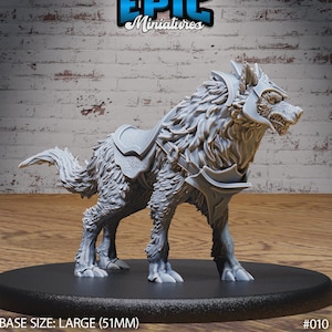 May include: A gray, detailed miniature of a wolf wearing armor and a saddle. The wolf is standing on a black base with the text "BASE SIZE: LARGE (51MM)" and "#010".