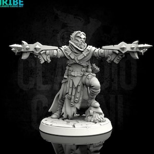 May include: A detailed, gray 3D-printed miniature of a fantasy character, posed with two spiked weapons. The figure is clad in detailed armor and a long coat, standing on a circular base. The image includes the text "TRIBE" and "CLAUDIO CASINI ART".