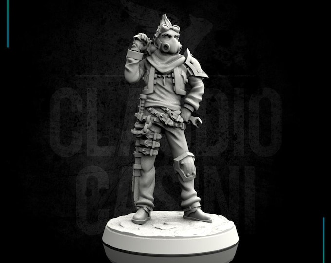 Post Apocalyptic/SciFi Punk with wrench, gas mask, and sword - 28mm or 32mm - Claudio Casini Art - 0059