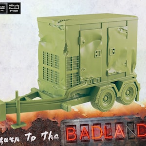 May include: A green, weathered, metal generator on a trailer with two wheels. The generator has a large, rectangular body with a door on each side. The trailer has a metal frame and a single axle. The generator is labeled "Return To The Badlands".