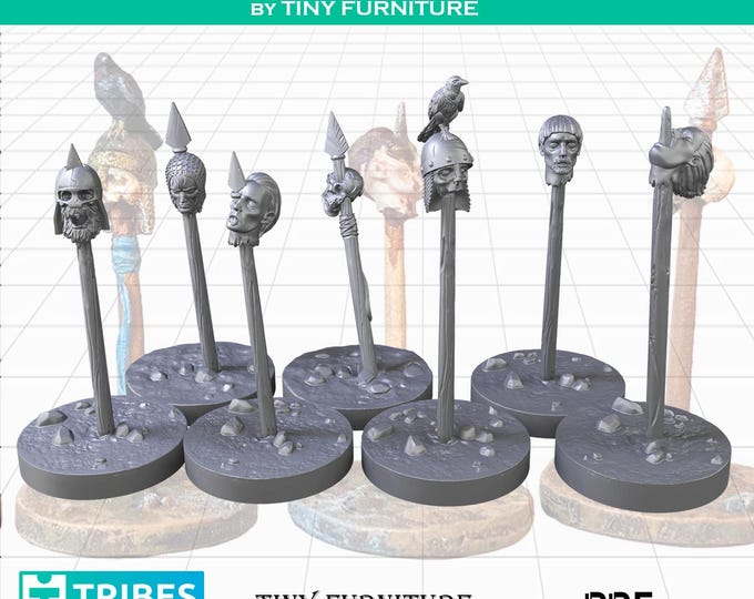 Medieval Heads On Stakes (set of 7)  -  28mm/32mm - Tiny Furniture - UNPAINTED