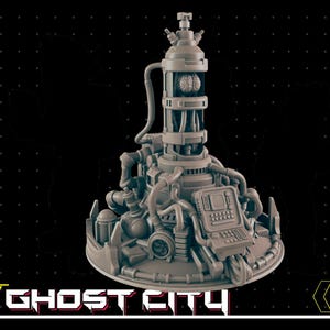 May include: A 3D printed model of a futuristic, gray, metal structure with a large, cylindrical container in the center. The container has a glass window revealing a brain-like object inside. The structure is surrounded by pipes, wires, and other mechanical details. The model is labeled "Ghost City".