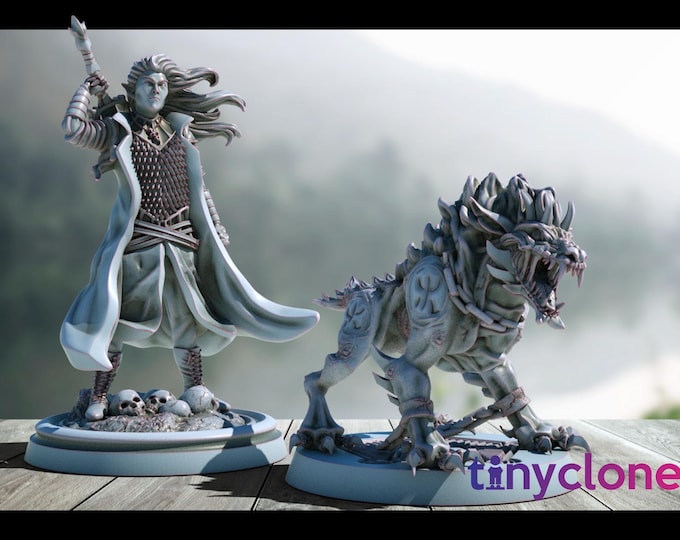 Drow Blackguard and Hellhound  - includes pictured bases - 28mm/32mm - The Printing Goes Ever On - Fantasy