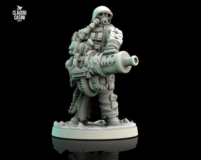 Soldier with Gas Mask and Cannon - 28mm or 32mm - Claudio Casini Art - Also good for post apocalyptic gaming! 0117