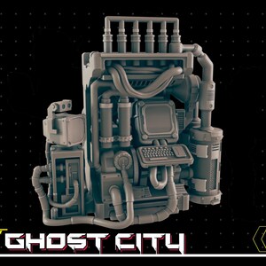 May include: A detailed 3D model of a futuristic, gray, metal machine with a computer screen, keyboard, and various pipes and tubes. The machine is labeled "Ghost City" and "EC3D Design".