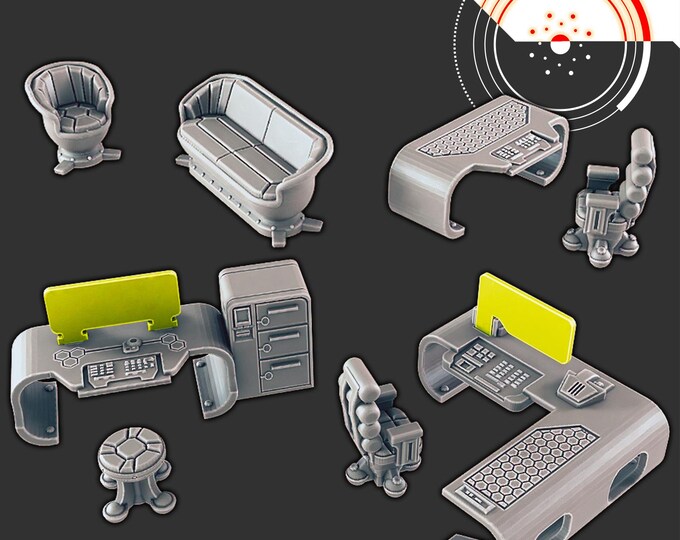 Office Furniture Set - Science Fiction Space Theme - 32mm - Novus Landing - EC3D Designs - Resin Printed