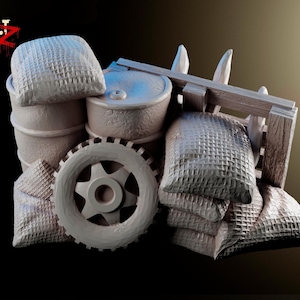 May include: A gray, 3D printed model of a barricade made of sandbags, barrels, and a wooden fence. The barricade is a common sight in post-apocalyptic settings.