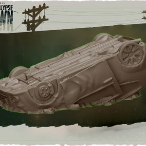 Wrecked Rolled Hatchback - 32mm Scale - Kraken - Apocalypse Dawn - Great for Fallout Wasland Warfare, Zombicide and This Is Not A Test!
