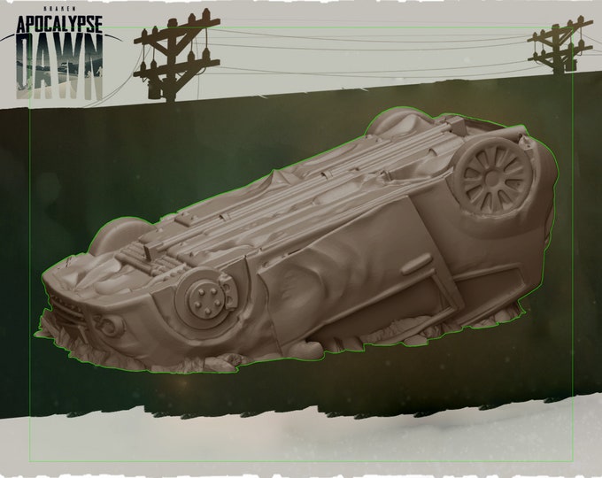 Wrecked Rolled Hatchback - 32mm Scale - Kraken - Apocalypse Dawn - Great for Fallout Wasland Warfare, Zombicide and This Is Not A Test!