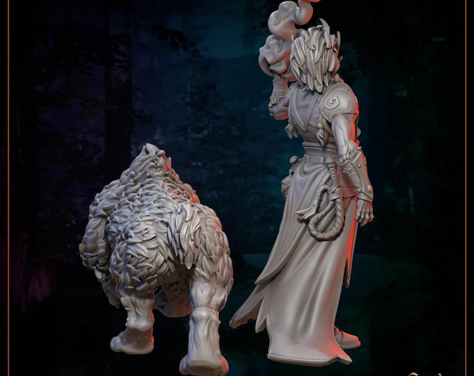 Haldor Summoner and his Sable Tooth Tiger Frostfang - 28/32/35mm - Great Grimoire - Dungeons and Dragons - Pathfinder - Grimoire Tales