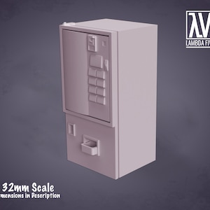 May include: A white 32mm scale vending machine model with a button panel and a coin slot. The model is made of plastic and is designed for use in tabletop games.