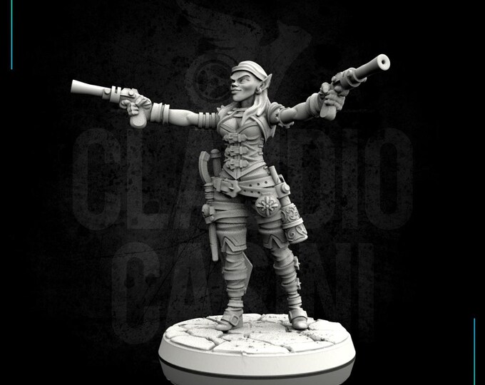 Pirate with dual  pistols, no base -  Human, Tiefling OR Elf! - 28mm or 32mm - Claudio Casini Art - Dungeons And Dragons - Pathfinder -0027