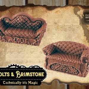 May include: Two brown, ornate, tufted couches with intricate carvings. The couches are made of wood and have a distressed finish. The text "Bolts & Brimstone Technically it's Magic" is visible below the couches.