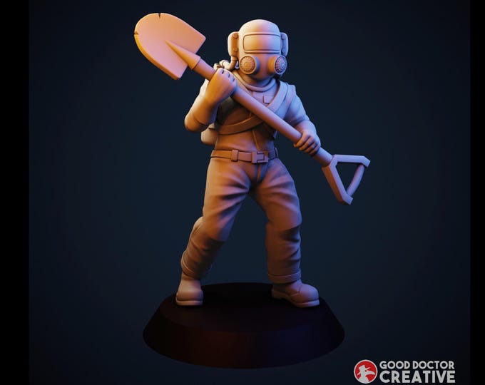 Hazmat Scavenger with gas mask and shovel - Cyberpunk/Sci-Fi  - 32mm - Good Doctor Creative