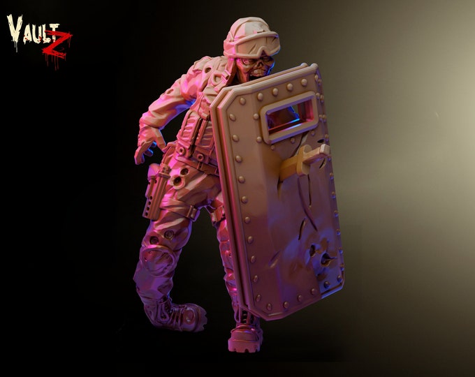 Zombie Riot Copy with Shield - 32mm - VaultZ - For games like Zombicide, This Is Not A Test, County Road Z