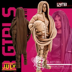 Puede incluir: Imagen promocional de una figura impresa en 3D. La figura es un personaje femenino que sostiene un casco, con pelo largo y ropa futurista. El fondo es rosa y negro, con el texto "BLAST DOLL" y "Bomber Girls Gang".