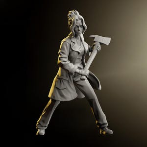 May include: A gray figurine of a person holding an axe, posed in a dynamic stance. The figure is wearing a long coat, pants, and shoes. The axe is held with both hands, suggesting action. The background is dark with a spotlight.