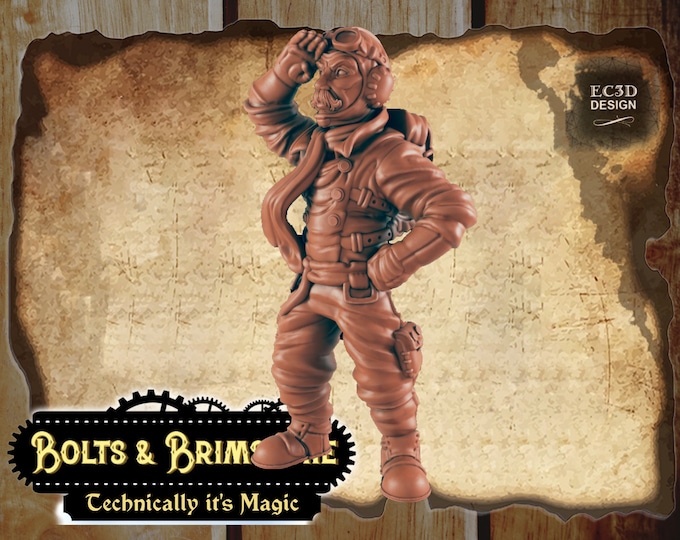 Airship Pilot - Includes a base! - True 28/32mm  Scale - EC3D Design - Bolts and Brimstone - Get your steampunk on!