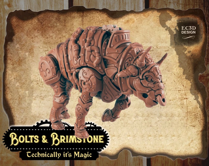 Clockwork Ox - Includes a base! - True 28/32mm  Scale - EC3D Design - Bolts and Brimstone - Get your steampunk on!