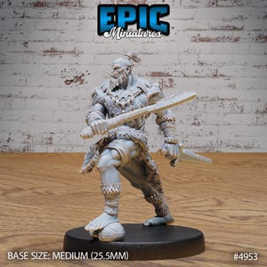 May include: A gray plastic miniature of an Orc warrior holding a club and a dagger. The miniature is standing on a round base. The miniature is 25.5 mm in size. #4953
