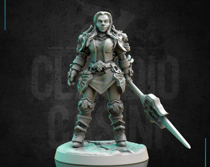 Female human/elf/tiefling Warrior With Spear - No Base - 28mm or 32mm - Claudio Casini Art - 0300