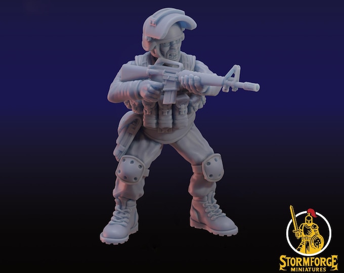 Soldier or riot cop/SWAT with m16 - 28 or 32mm - Stormfront Miniatures- Tales From The Radiation Zone - Postapocalypse Survivor