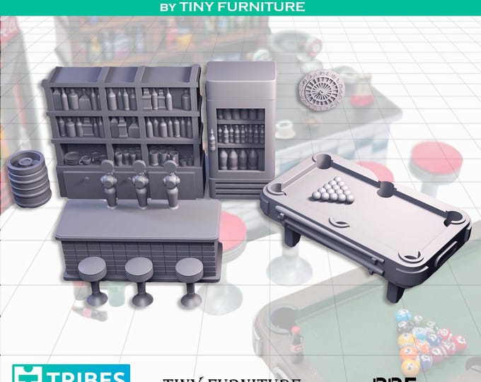 Modern City Bar with pool table and dart board - 28mm/32mm - Tiny Furniture - UNPAINTED
