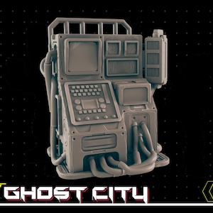 May include: A gray, detailed, futuristic-looking machine with a screen, buttons, and pipes. The machine is made of plastic and has a textured surface. It is a 3D printed model.