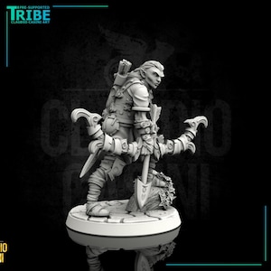 May include: A grey, detailed miniature figurine of an elf archer holding a bow and arrow. The elf is wearing a tunic and leggings with a belt and quiver. The figurine is standing on a round base.