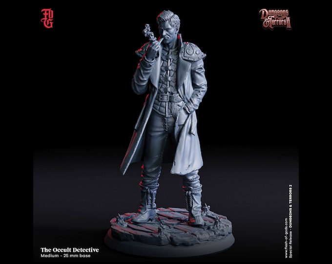 The Occult Divine Detective - Flesh Of Gods Dungeons And Terrors 2 - True 28mm, True 32mm. or 32mm Heroic - With pictured base!