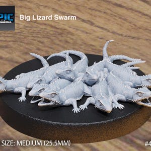 May include: A group of 7 gray plastic miniature lizard figures on a black circular base. The base has the text "Big Lizard Swarm" and "BASE SIZE: MEDIUM (25.5MM)" and the number "#4858".