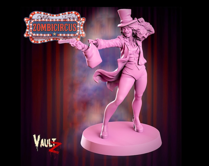 Lady Presto, survivor with pistol and top hat - 32mm - VaultZ - Zombie Circus - For games like Zombicide, This Is Not A Test, County Road Z