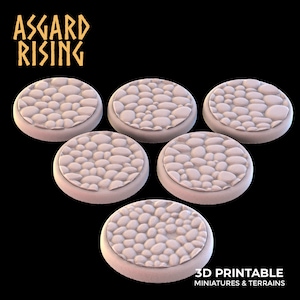 May include: Six round, white, 3D printed bases with a pebble texture. The bases are designed for miniature gaming.