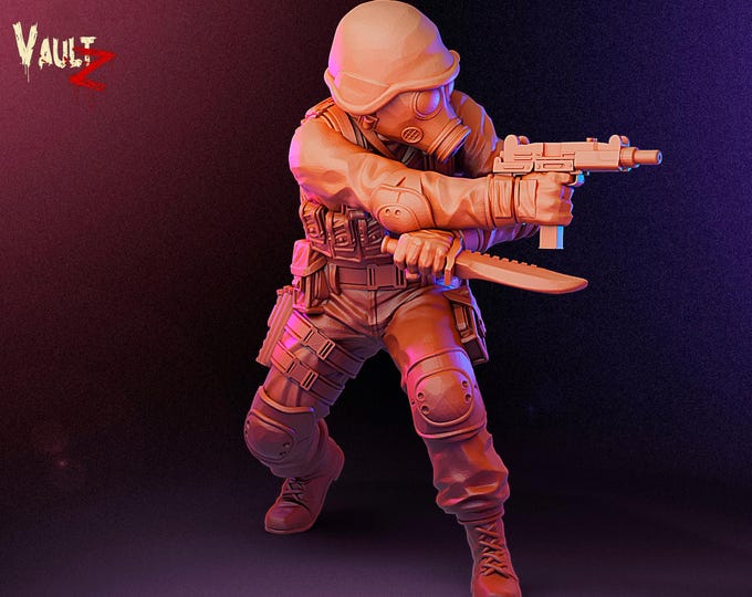 Agent Hans with Gasmask and Uzi- 32mm - VaultZ - For games like Zombicide, This Is Not A Test, County Road Z