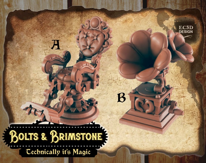Mechanical Chair and Phonograph (Victrola) - True 28/32mm  Scale - EC3D Design - Bolts and Brimstone - Get your steampunk on!
