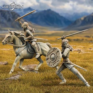 May include: Two miniature figures of women warriors, one on horseback, wielding swords and shields. The figures are painted in a light gray color and are set against a backdrop of a grassy field and mountains.