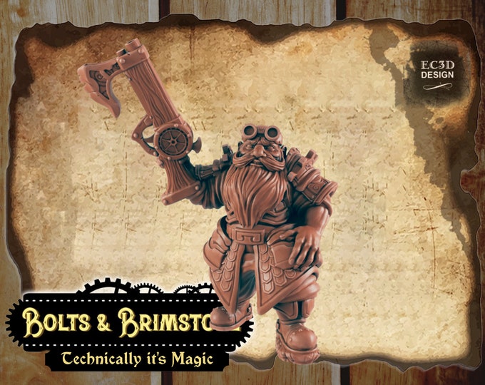 Dwarf Fighter - Includes a base! - True 28/32mm  Scale - EC3D Design - Bolts and Brimstone - Get your steampunk on!