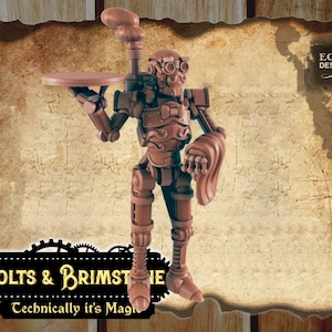 May include: A brown, steampunk-style robot waiter with a tray, holding a towel in one hand. The robot is wearing goggles and has a pipe on its head. The text "Bolts & Brimstone Technically it's Magic" is visible at the bottom of the image.