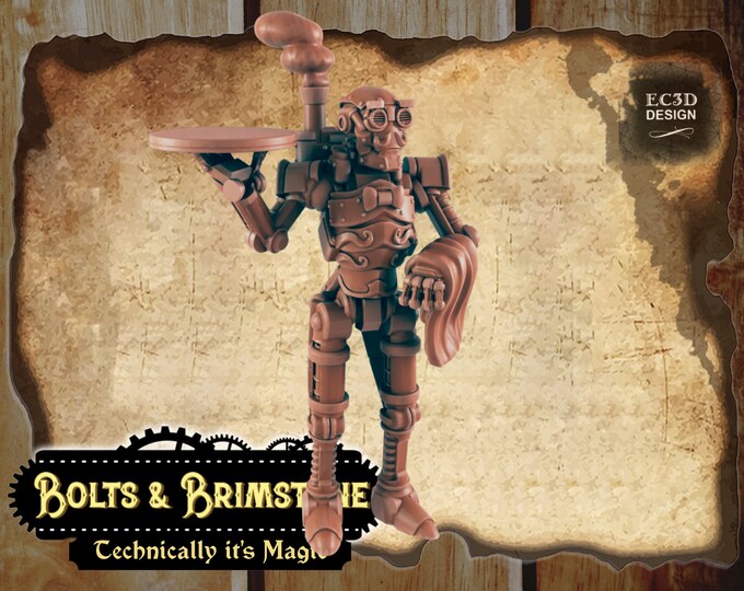 Clockwork Butler - Includes a base! - True 28/32mm  Scale - EC3D Design - Bolts and Brimstone - Get your steampunk on!