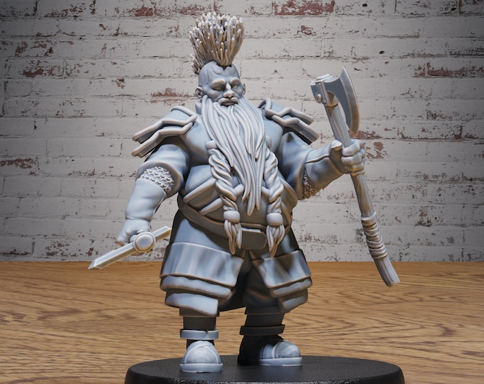 Dwarf Warrior with Mohawk and Axes - 28mm Scale - Epic Miniatures - Festival Village