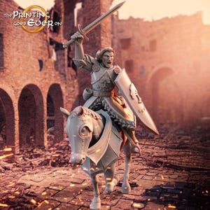 May include: A detailed figurine of a knight on horseback, holding a sword aloft and a shield. The knight is clad in armor, and the horse is also armored. The background shows a ruined castle. The text "the printing goes ever on" is in the upper left corner.