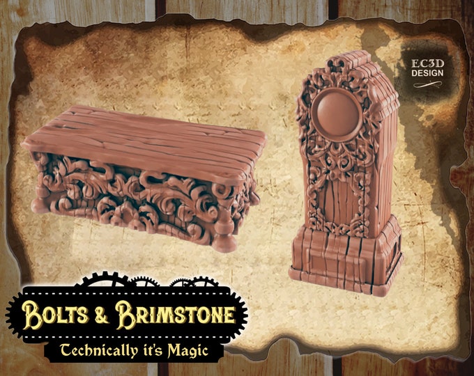 Ornate Table and Grandfather Clock - True 28/32mm  Scale - EC3D Design - Bolts and Brimstone - Get your steampunk on!