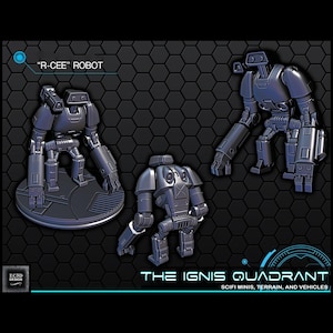 May include: Three dark gray robot miniatures. The robots have blocky designs with rectangular limbs and heads. One robot is on a circular platform. The text "R-CEE ROBOT" is above the robots. The text "THE IGNIS QUADRANT" is below the robots.