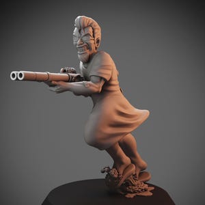 May include: A gray 3D printed figurine of a person wearing a long dress and holding a double-barreled shotgun. The figurine is standing on a base with a textured surface.