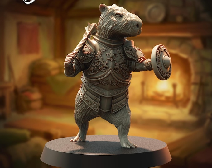 Capybara Knight (smaller than a human, of course!)- 28/32mm - The Printing Goes Ever On - Dungeons and Dragons - Pathfinder - Fantasy