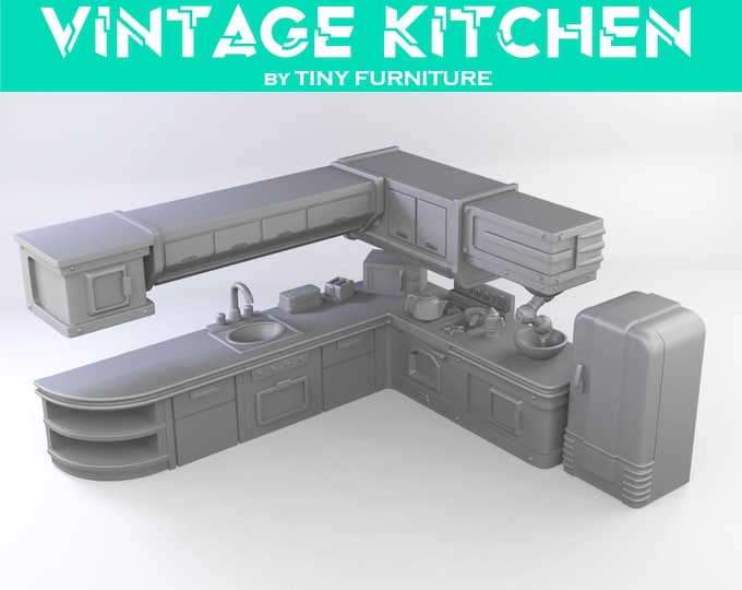 Retrofuturistic Vintage Kitchen Set  - Science Fiction Space Theme - 28mm/32mm - Tiny Furniture - UNPAINTED